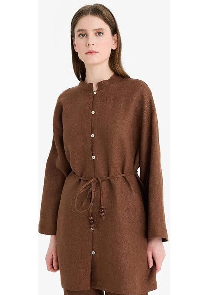 Yeni Sezon %100 Keten Regular Fit Bağcıklı Uzun Kollu Tesettür Gömlek Tunik fırsatları