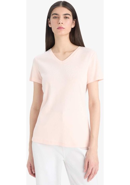 Yeni Sezon Slim Fit Dar Kesim V Yaka Basic Düz Ribana Kısa Kollu Tişört