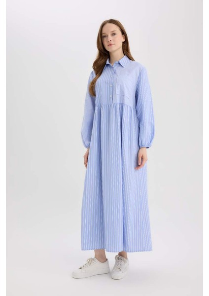 Yeni Sezon Relax Fit Gömlek Yaka Desenli Poplin Uzun Kollu Maxi Tesettür Elbise