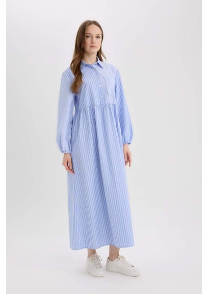 Yeni Sezon Relax Fit Gömlek Yaka Desenli Poplin Uzun Kollu Maxi Tesettür Elbise fiyatları