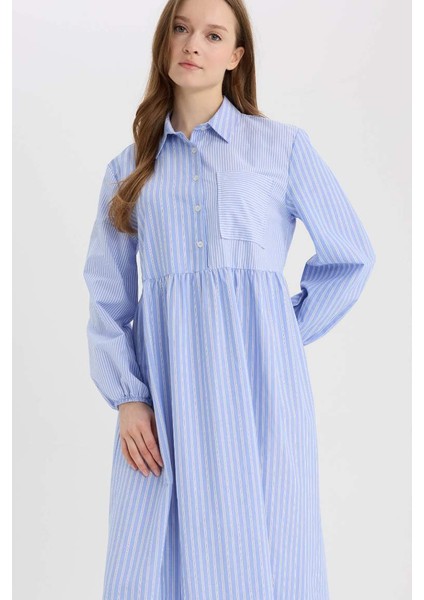 Yeni Sezon Relax Fit Gömlek Yaka Desenli Poplin Uzun Kollu Maxi Tesettür Elbise fırsatları