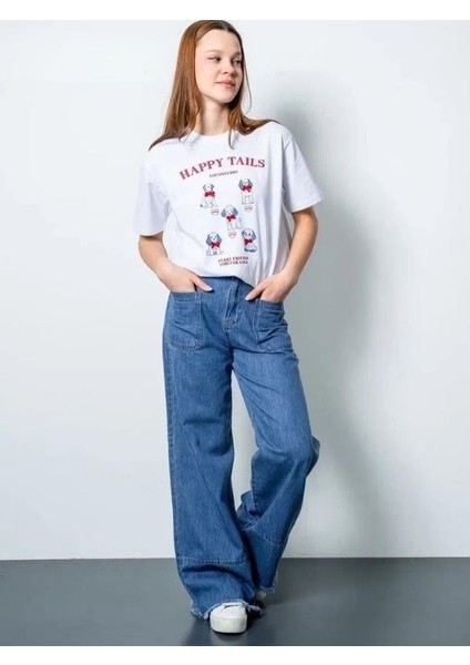 Kız Çocuk Oversize Köpek Baskılı Tasarım T-Shirt