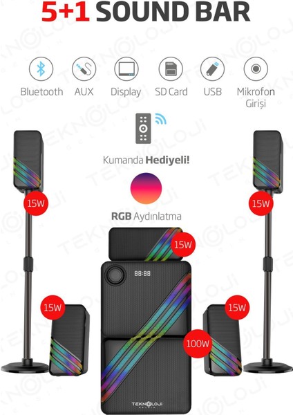 HP-TV03 5+1 Soundbar 100 Watt Amfi Stereo HD Ses Renkli RGB Kablolu Ev Sinema Sistemi