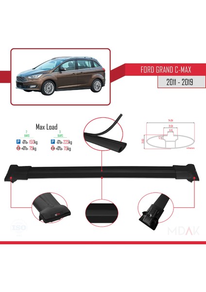 Ford Grand C-Max (C344) 2011-2019 Arası ile Uyumlu Fly Model Ara Atkı Tavan Barı Siyah 2 Adet modelleri