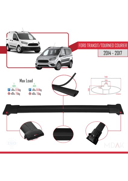 Ford Transit/tourneo Courier Pre-Facelift 2014-2017 Arası ile Uyumlu Fly Model Ara Atkı Tavan Barı Siyah 3 Adet modelleri