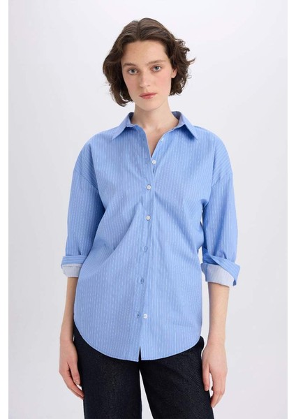 Yeni Sezon Oversize Geniş Kalıp Çizgili Poplin Uzun Kollu Gömlek indirimleri