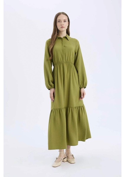 Yeni Sezon gömlek Yaka Basic Düz Düğmeli Beli Büzgülü Uzun Kollu Maxi Elbise