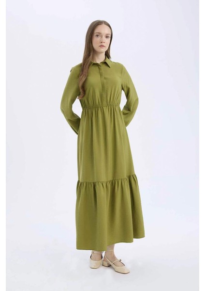Yeni Sezon gömlek Yaka Basic Düz Düğmeli Beli Büzgülü Uzun Kollu Maxi Elbise modelleri