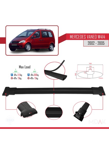 Mercedes Vaneo (W414) 2002-2005 Arası ile Uyumlu Fly Model Ara Atkı Tavan Barı Siyah 4 Adet modelleri