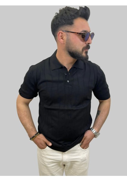 Erkek Dalga Çizgili Slim Fit Polo Yaka Siyah Triko Tişört fiyatları