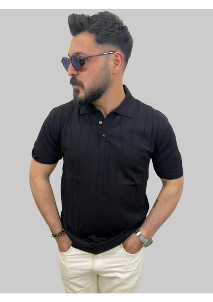 Erkek Dalga Çizgili Slim Fit Polo Yaka Siyah Triko Tişört modelleri