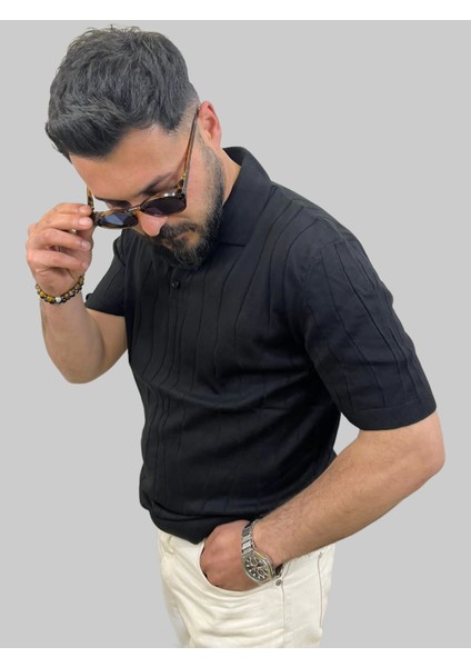 Erkek Dalga Çizgili Slim Fit Polo Yaka Siyah Triko Tişört indirimleri