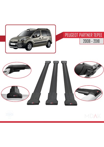 Peugeot Partner 2 Tepee 2008-2018 Arası ile Uyumlu Fly Model Ara Atkı Tavan Barı Siyah 3 Adet indirimleri