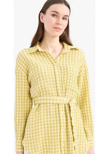 Yeni Sezon Relax Fit Pötikareli Gofre Dokulu Kuşaklı Uzun Kollu Tesettür Gömlek Tunik modelleri