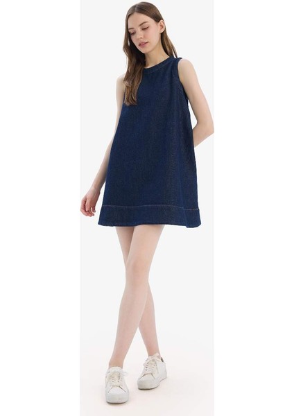 Yeni Sezon Fashion Fit Bisiklet Yaka Kolsuz Yumuşak Jean Elbise