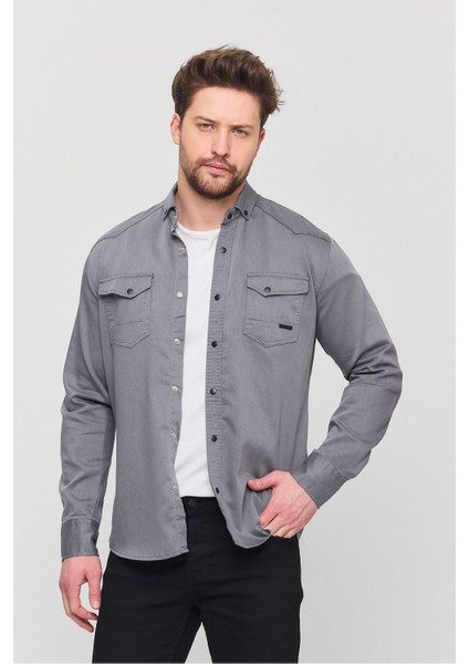 Slim Fit Erkek Kot Gömlek Gri