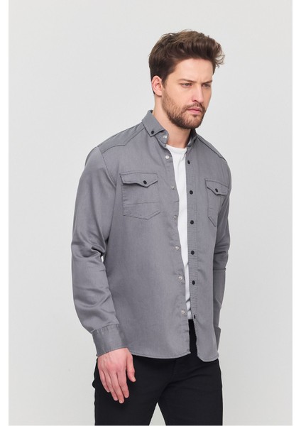Slim Fit Erkek Kot Gömlek Gri
