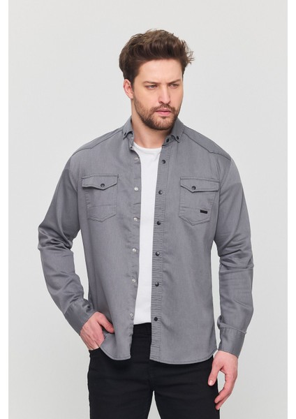 Slim Fit Erkek Kot Gömlek Gri