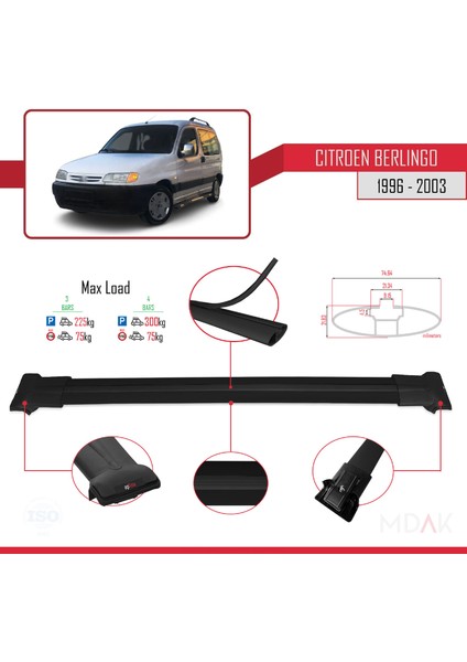 Citroen Berlingo (M49) 1996-2003 Arası ile Uyumlu Fly Model Ara Atkı Tavan Barı Siyah 4 Adet modelleri