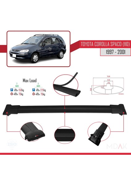 Toyota Corolla Spacio (E110) 1997-2001 Arası ile Uyumlu Fly Model Ara Atkı Tavan Barı Siyah 2 Adet modelleri