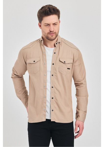 Slim Fit Erkek Kot Gömlek Bej