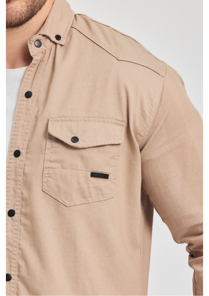 Slim Fit Erkek Kot Gömlek Bej