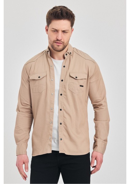 Slim Fit Erkek Kot Gömlek Bej