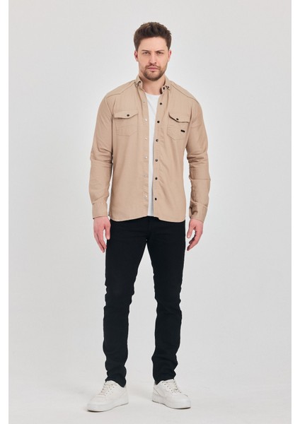 Slim Fit Erkek Kot Gömlek Bej