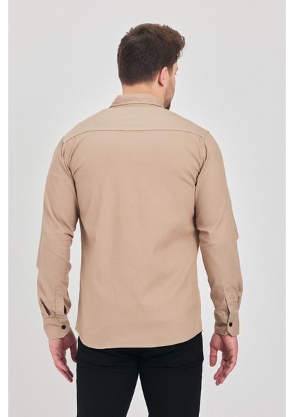 Slim Fit Erkek Kot Gömlek Bej
