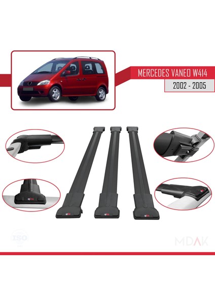Mercedes Vaneo (W414) 2002-2005 Arası ile Uyumlu Fly Model Ara Atkı Tavan Barı Siyah 3 Adet fırsatları