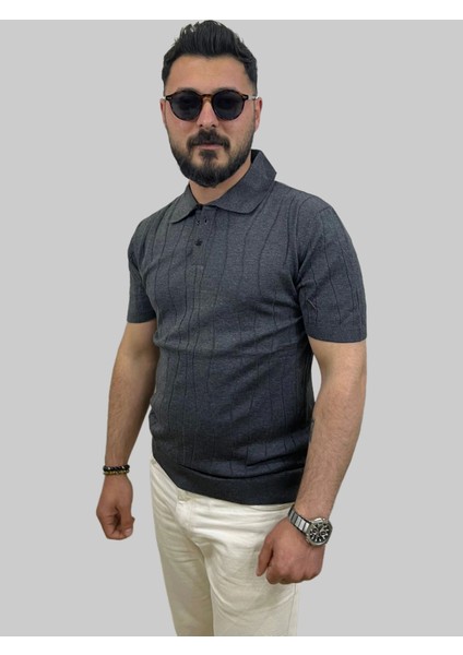 Erkek Dalga Çizgili Slim Fit Polo Yaka Gri Triko Tişört