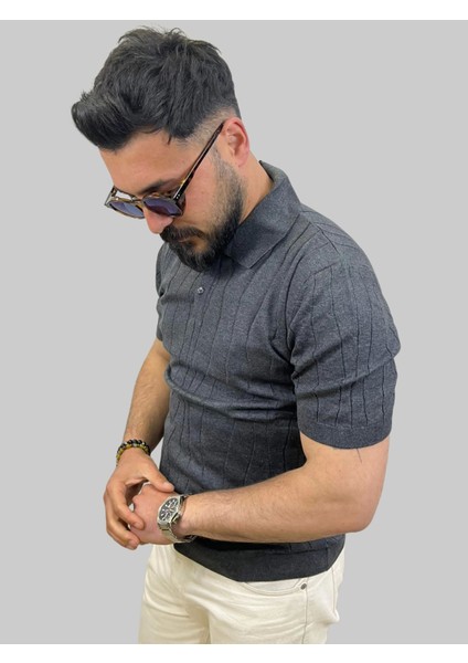 Erkek Dalga Çizgili Slim Fit Polo Yaka Gri Triko Tişört fiyatları