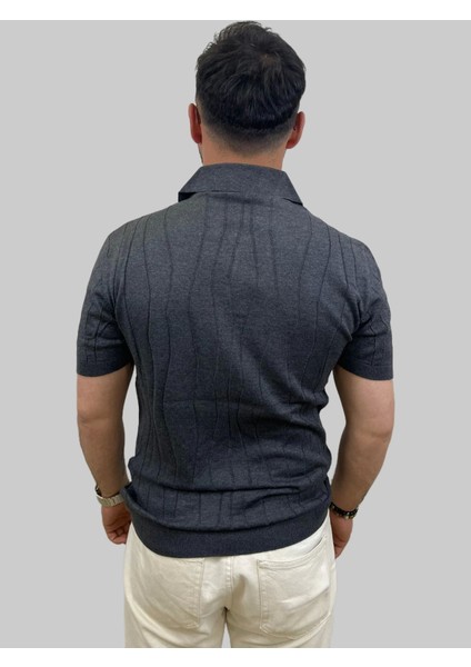 Erkek Dalga Çizgili Slim Fit Polo Yaka Gri Triko Tişört fırsatları