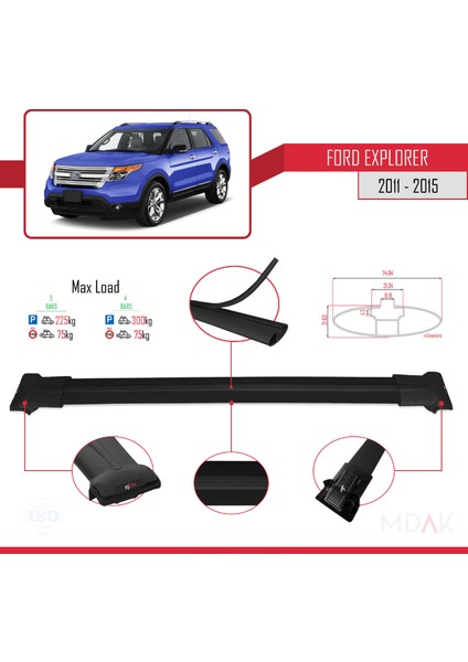 Ford Explorer 5 (U502) Pre-Facelift 2011-2015 Arası ile Uyumlu Fly Model Ara Atkı Tavan Barı Siyah 3 Adet modelleri