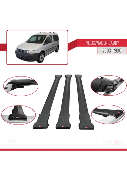 Volkswagen Caddy 3 (2k) 2003-2010 Arası ile Uyumlu Fly Model Ara Atkı Tavan Barı Siyah 3 Adet