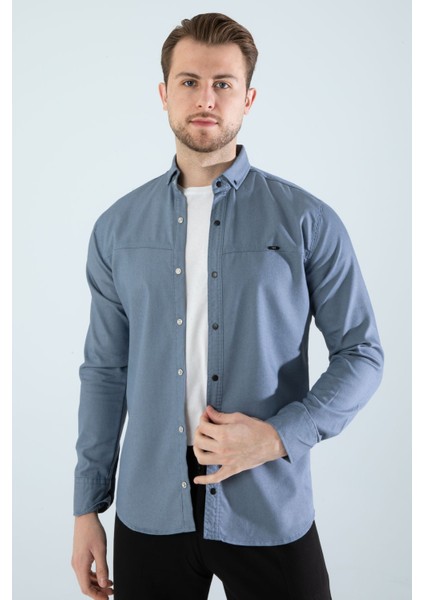Erkek Mavi Slim Fit Dar Kalıp Cepsiz Kot Gömlek