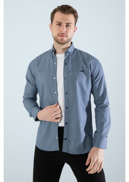 Erkek Mavi Slim Fit Dar Kalıp Cepsiz Kot Gömlek