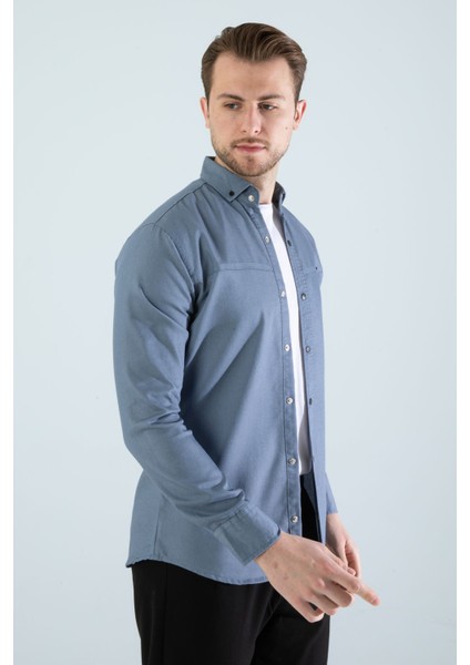 Erkek Mavi Slim Fit Dar Kalıp Cepsiz Kot Gömlek