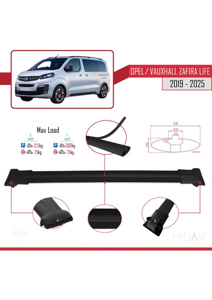Opel Zafira Life 2019 ve Sonrası ile Uyumlu Fly Model Ara Atkı Tavan Barı Siyah 4 Adet modelleri