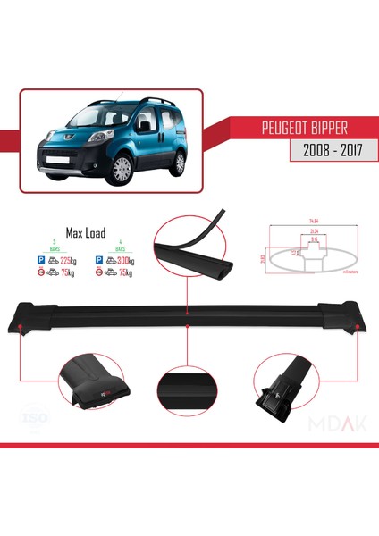 Peugeot Bipper 2008-2017 Arası ile Uyumlu Fly Model Ara Atkı Tavan Barı Siyah 4 Adet modelleri