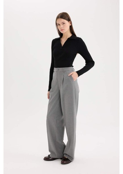 Yeni Sezon Klasik Kumaş Palazzo Pantolon Wide Leg Geniş Bol Paça Çift Cepli Yüksek Bel Standart Boy Basic Düz fiyatları