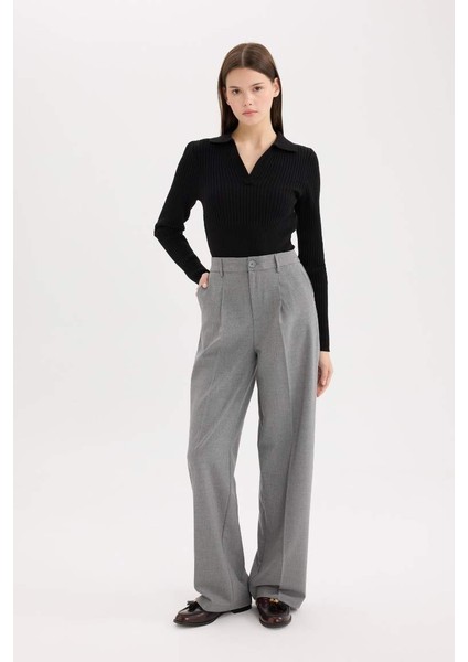Yeni Sezon Klasik Kumaş Palazzo Pantolon Wide Leg Geniş Bol Paça Çift Cepli Yüksek Bel Standart Boy Basic Düz fırsatları