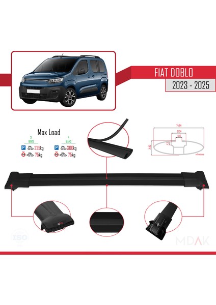 Fiat Doblo 3 2023 ve Sonrası ile Uyumlu Fly Model Ara Atkı Tavan Barı Siyah 4 Adet fırsatları