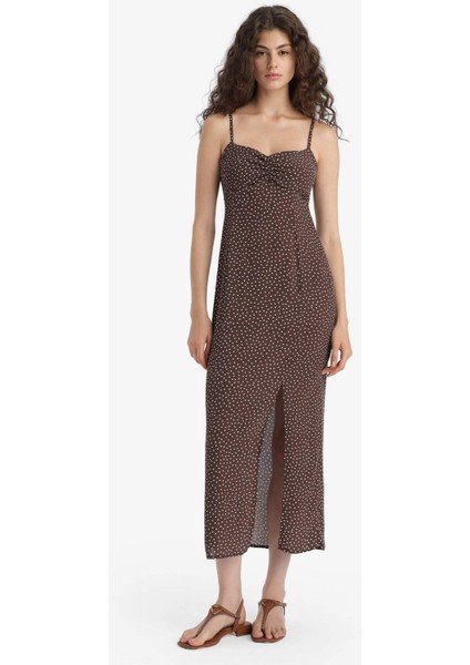 Bodycon Vücudu Saran Kalp Yaka Puantiyeli Maroken Askılı Midi Elbise C0960AX25SM