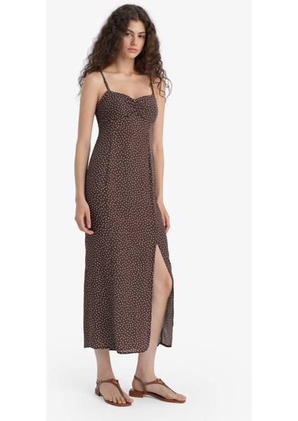 Bodycon Vücudu Saran Kalp Yaka Puantiyeli Maroken Askılı Midi Elbise C0960AX25SM fiyatları