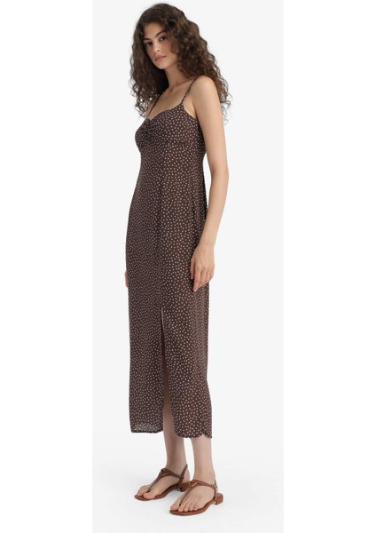 Bodycon Vücudu Saran Kalp Yaka Puantiyeli Maroken Askılı Midi Elbise C0960AX25SM modelleri