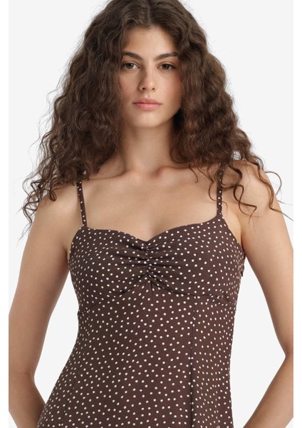 Bodycon Vücudu Saran Kalp Yaka Puantiyeli Maroken Askılı Midi Elbise C0960AX25SM indirimleri