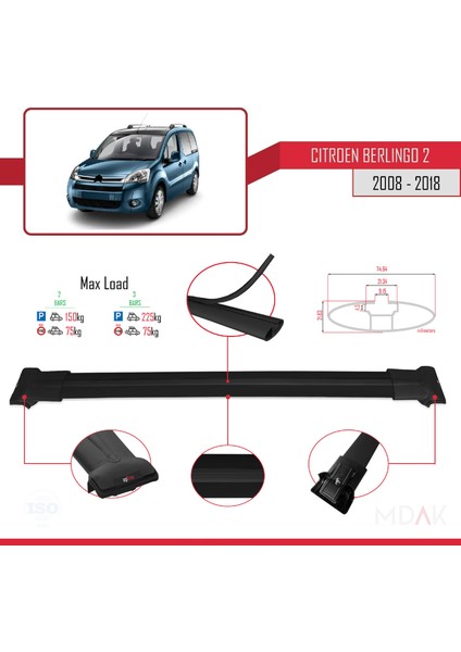 Citroen Berlingo 2 (B9) 2008-2018 Arası ile Uyumlu Fly Model Ara Atkı Tavan Barı Siyah 2 Adet fırsatları
