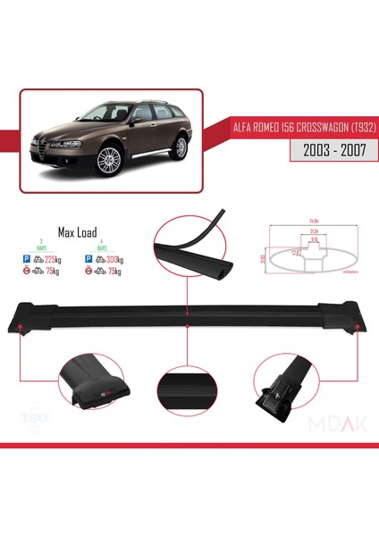 Alfa Romeo 156 (T932) Crosswagon 2003-2007 Arası ile Uyumlu Fly Model Ara Atkı Tavan Barı Siyah 3 Adet modelleri