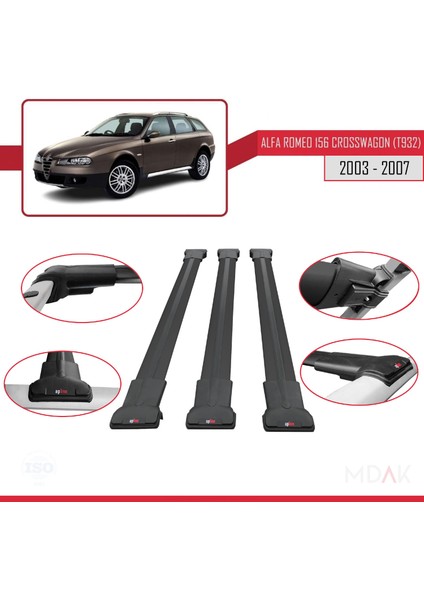 Alfa Romeo 156 (T932) Crosswagon 2003-2007 Arası ile Uyumlu Fly Model Ara Atkı Tavan Barı Siyah 3 Adet fırsatları